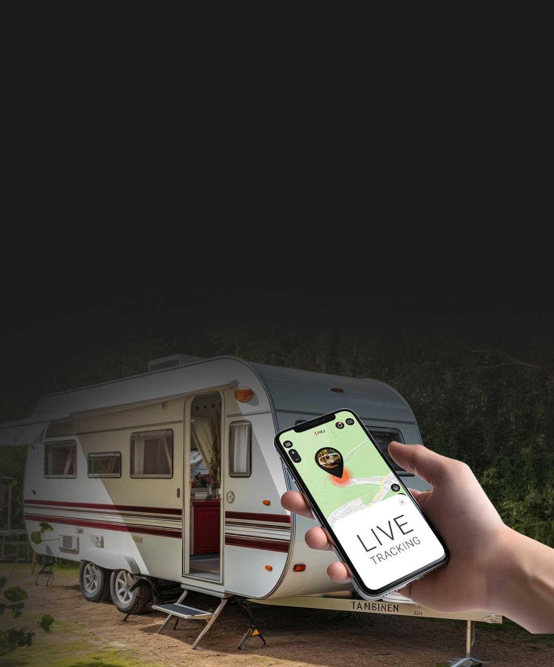 A caravan in a field is installed with a tracking device